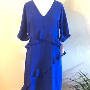 New Blue Ruffled Dress,  Ruffled Sleeves, 3/4 Sleeves, Size 12